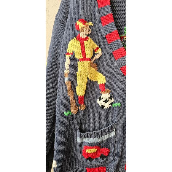Vintage Hand Knit Boy Mom Cardigan Sweater Size M Multi Soccer Legos‎ FUN Unique - Picture 2 of 9